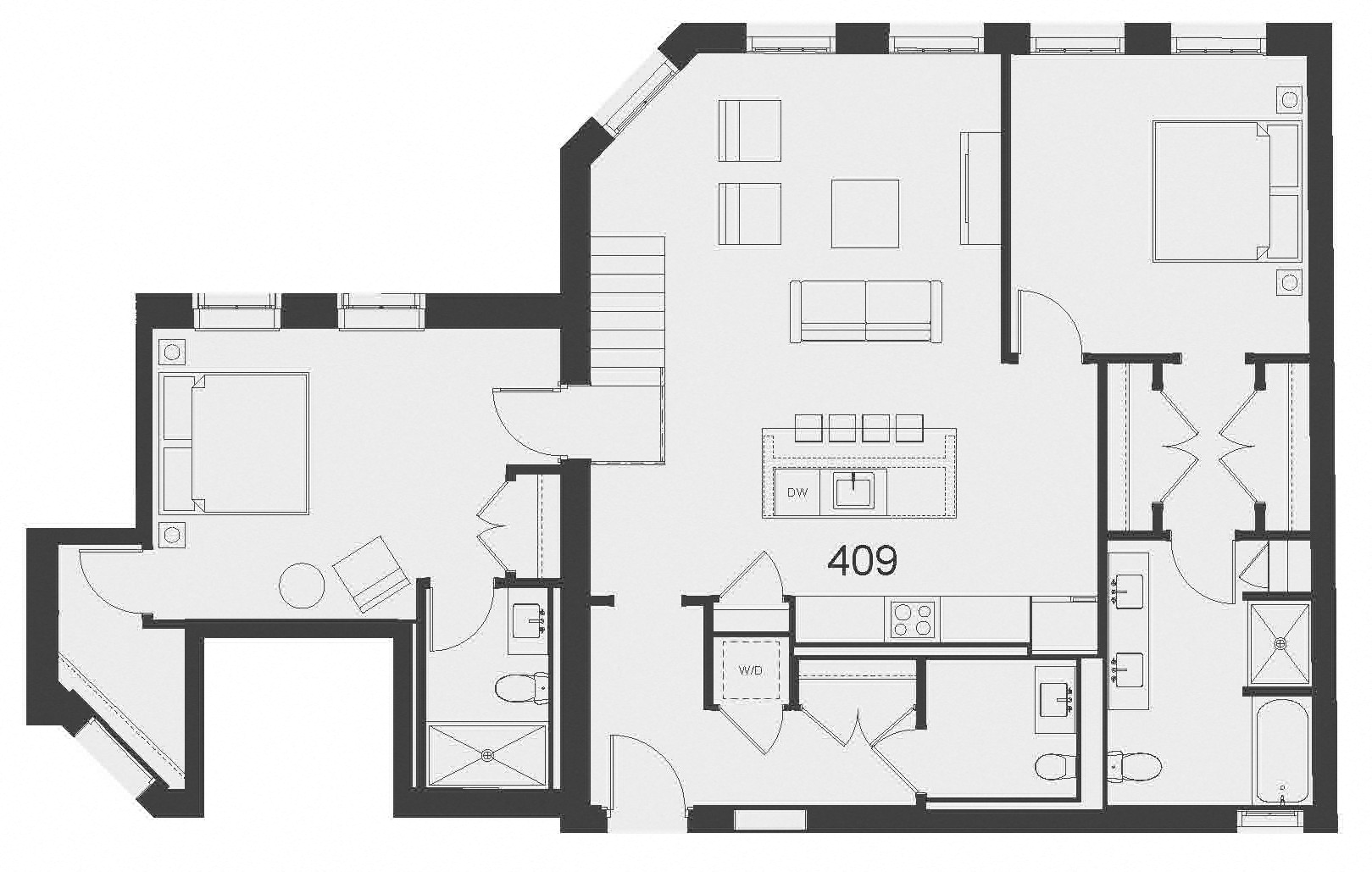 Floor plan for 2 beds, 3 baths, 1149 sqft